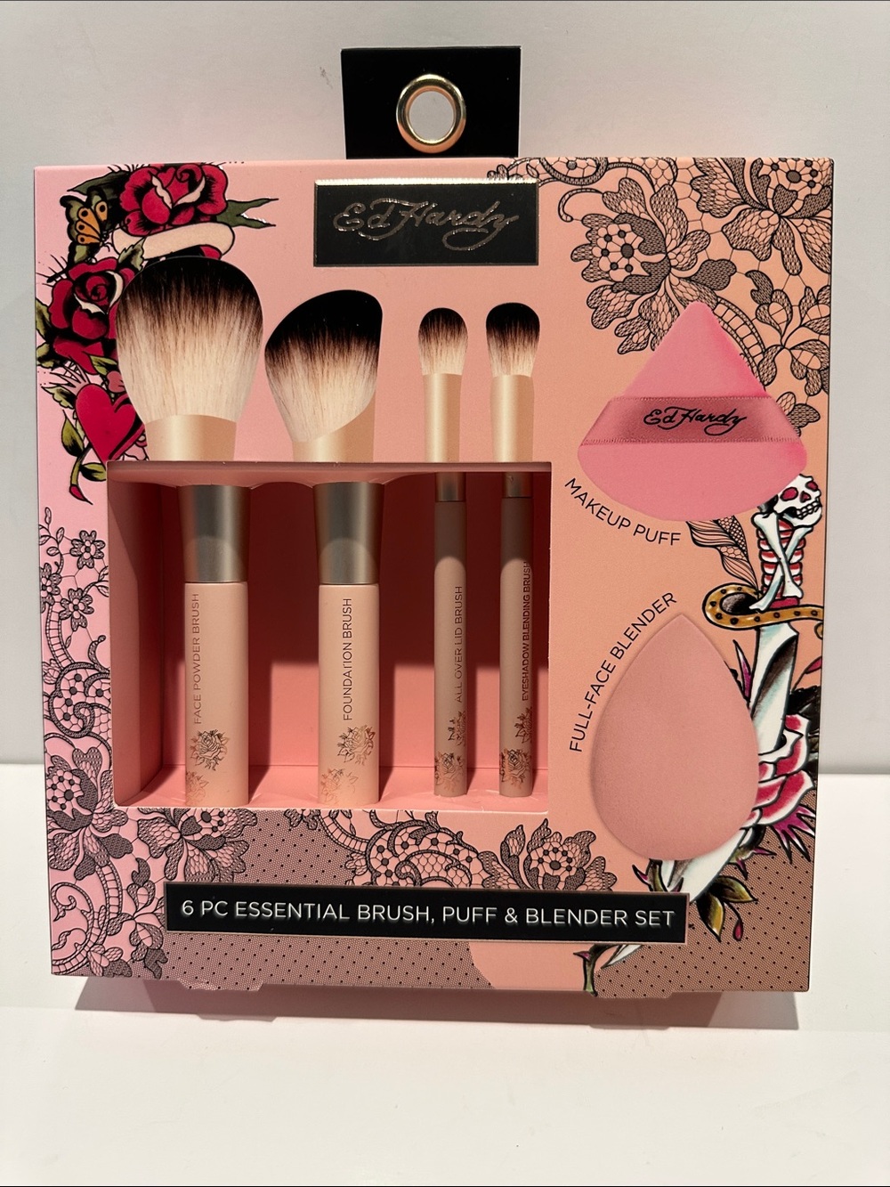 Ed Hardy (6) Piece Essential Brush, Puff and Blender Set.